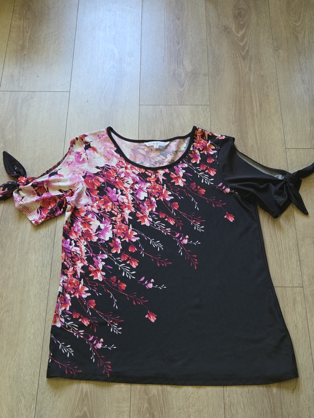 cleo Black Short-Sleeve Cold-Shoulder Top with Pink Floral Print